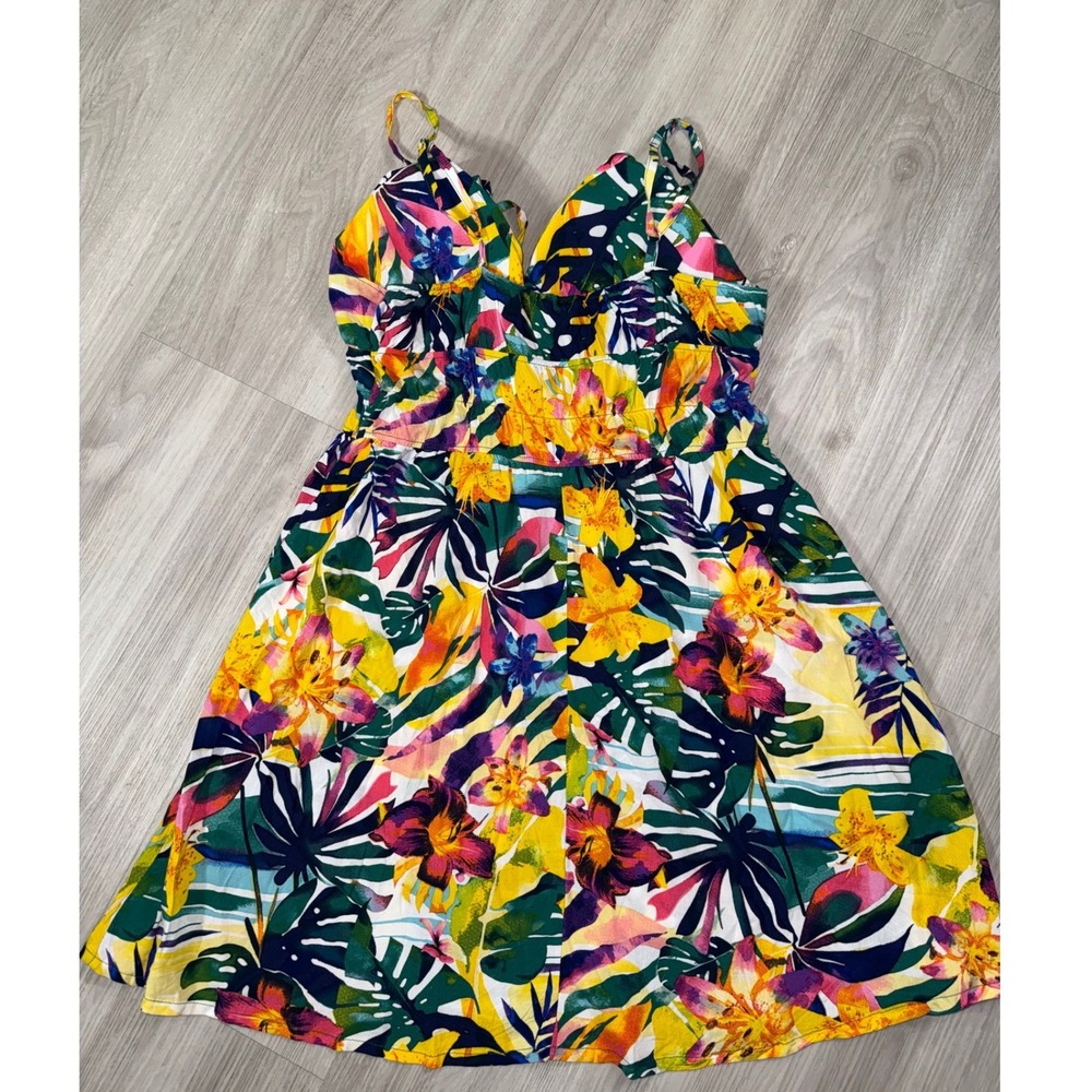 Jolie & Joy Tropical Floral Smocked Waist Tie Front Mini Sundress Yellow Multi L - Picture 8 of 9